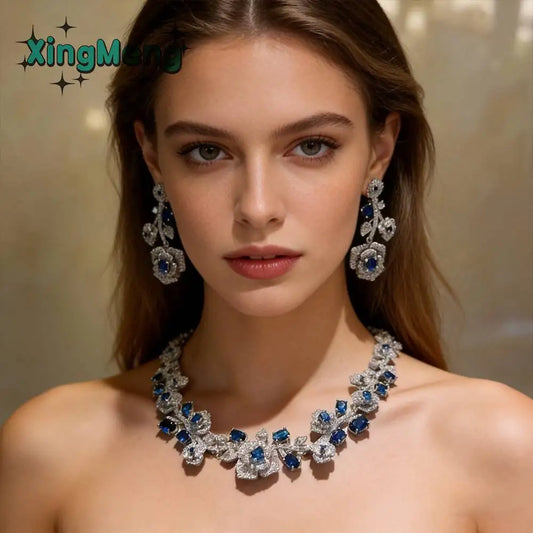 XM S203  Luxury Royal Blue Gemstone Flower Statement Necklace and Drop Earrings Set
