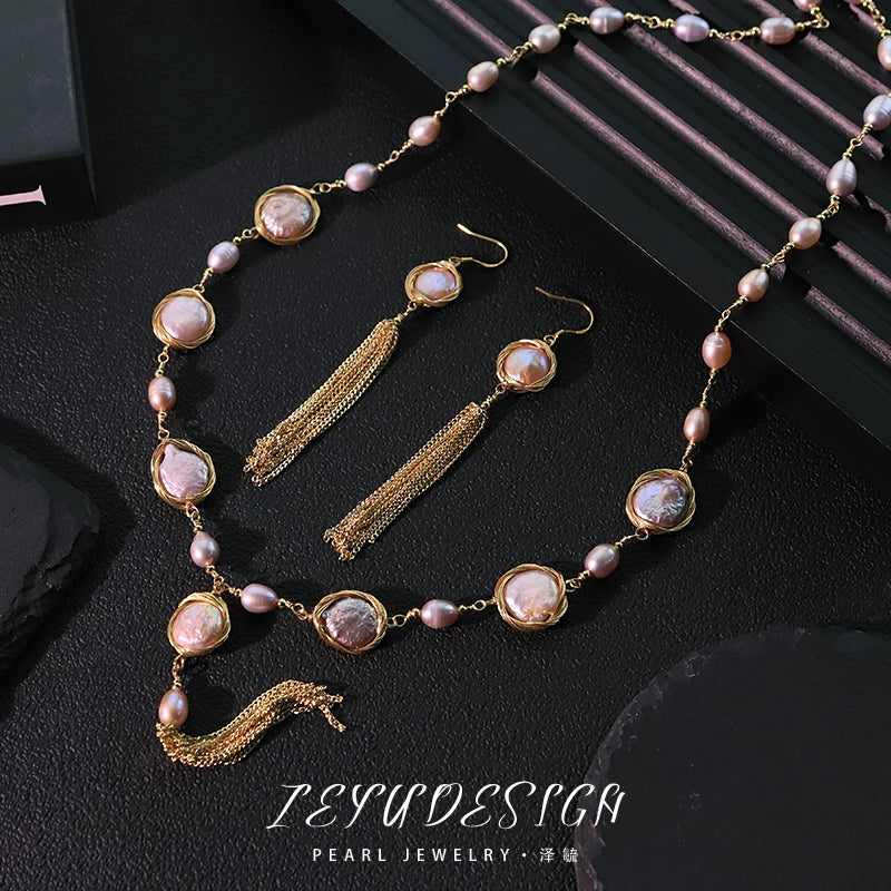 Baroque Natural Freshwater Pearl Pearl Chain Earrings Necklace Set Luxurious Design Set Gift Wedding Banquet GS0215
