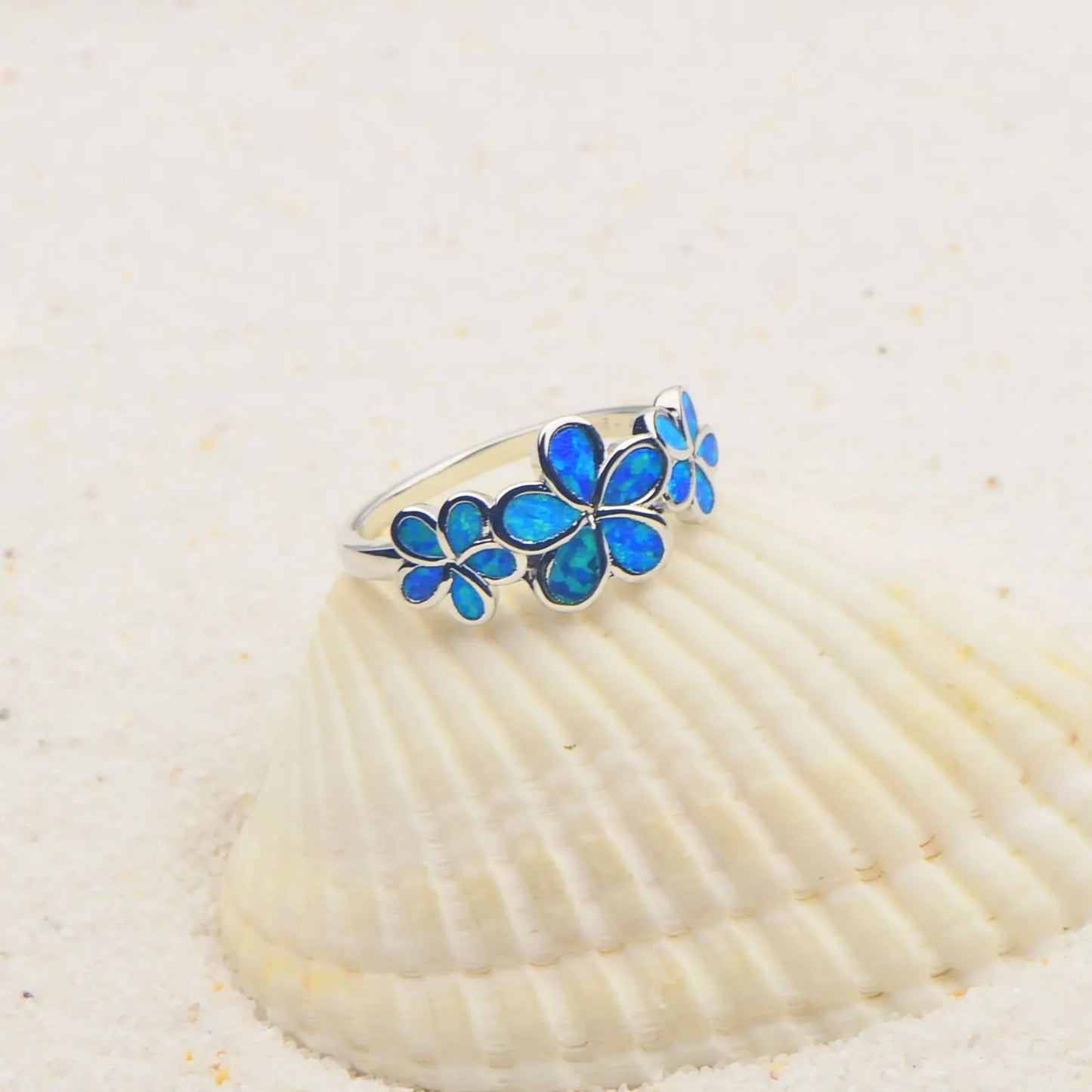 Flower Blue Opal Twisted Ring | Iridescent Gem Inlay Band | Nature-Inspired Fashion Jewelry for Women Trendy Wear
