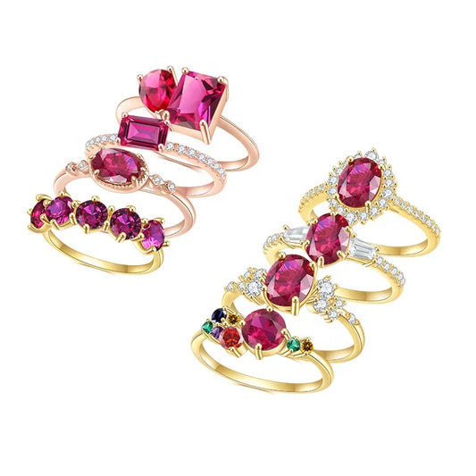 Gemfiori Abiding Delicate Fine Jewelry Rose Gold Plated Pinkish Red Lab Grown Ruby Gemstone 925 Sterling Silver Ring for Women Wedding