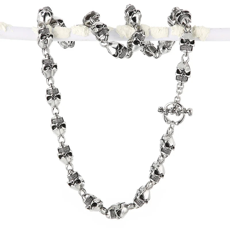 REBEL Men Punk Stainless Steel OT Clasp Skull Links Bracelet&Necklace/Waist Chain Jewelry Set