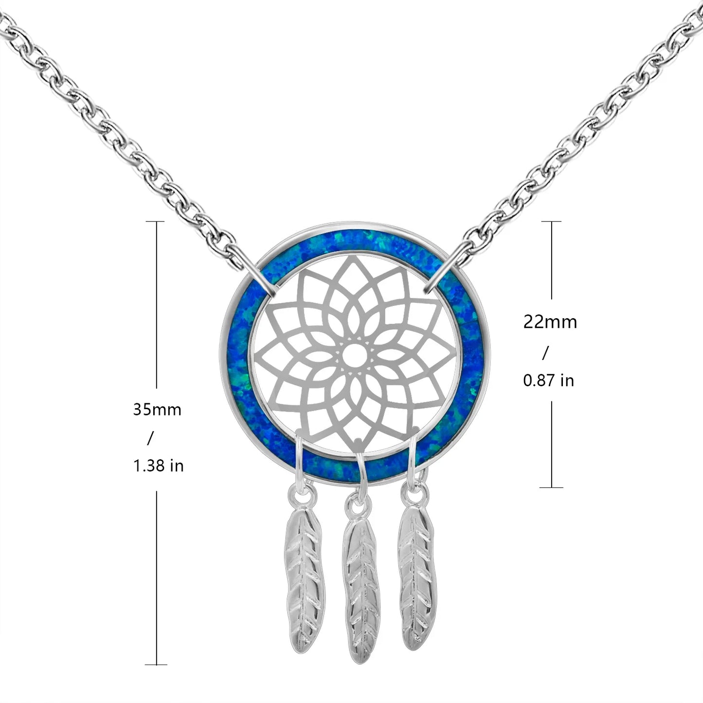 New Cute Blue Opal Bohemian Christian Dreamcatcher Necklace Minimalist Geometric Pendant Silver Plated Copper Box Chain Gift