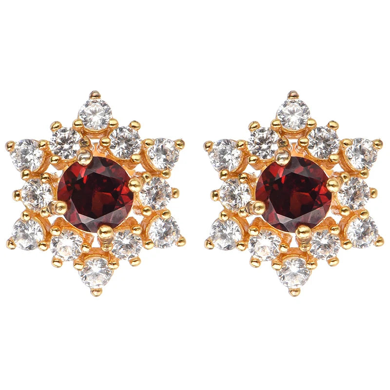 Gioiellieri Genuine Natural Garnet Brilliant Cut Women's Stud Earrings 18K Gold Plated 925 Sterling Silver Setting Hypoallergenic Gift Party