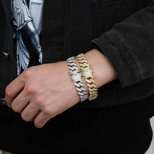 REBEL 15mm 9inch Mens Hip Hop Jewelry 18k Gold Plated Zirconia Iced Out Cuban Bracelet