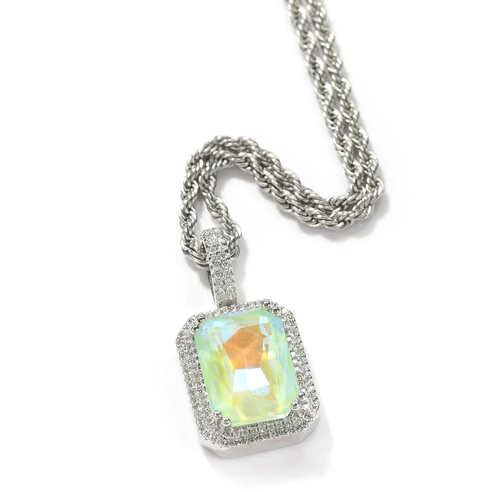 BiG-BOSS Hip Hop Mocha Fluorescent Square Solid Gemstone Pendant Necklace Trendy Cold for Men Women Perfect Neutral Sweater Chain Gift
