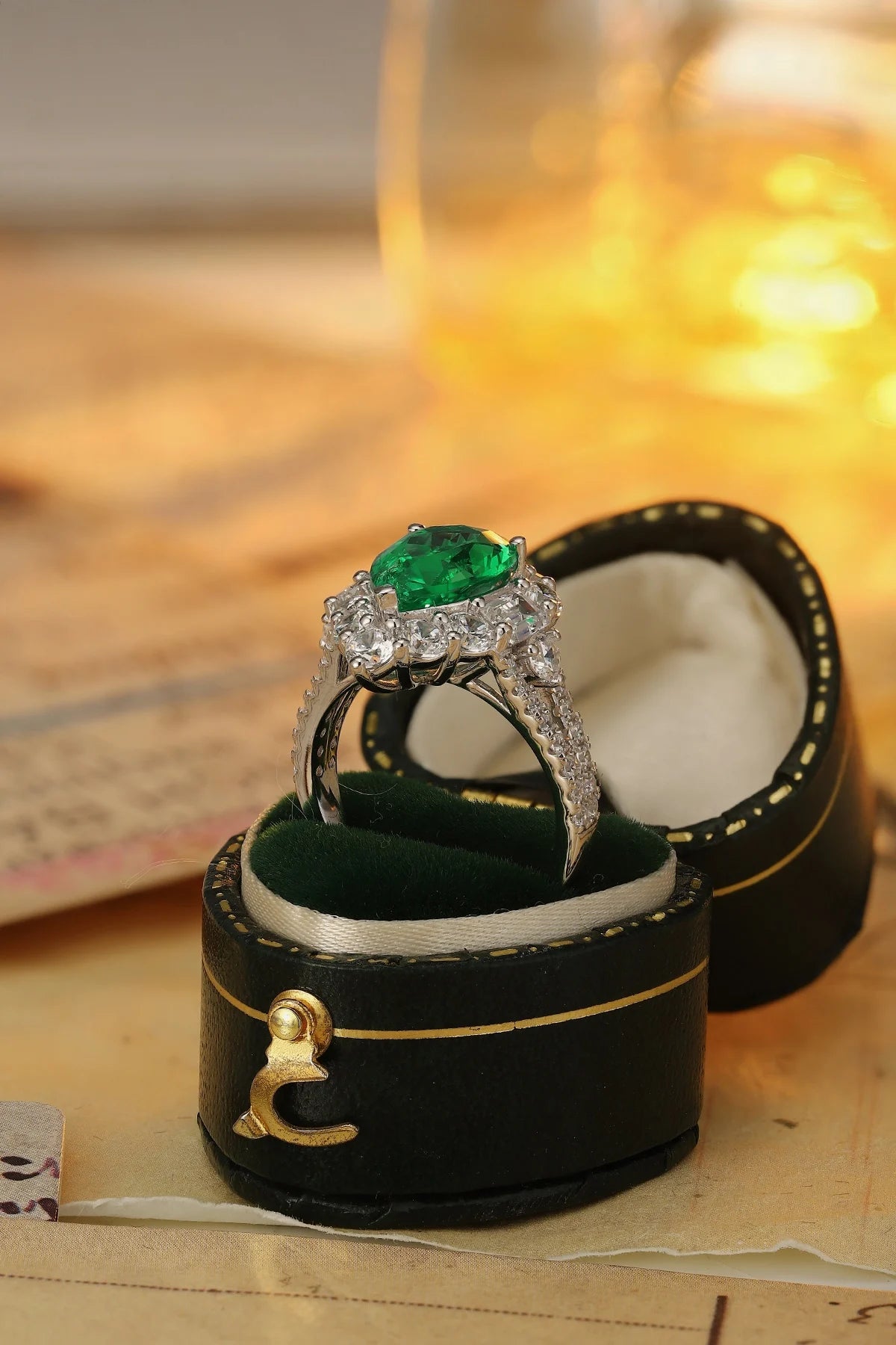 Gemfiori Custom Vintage Lab Grown Emerald Sterling Silver 925 Engagement Ring Rhodium Plated Pear Cut Prong Setting Wedding Ring