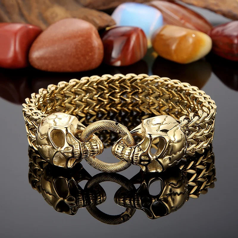 KALEN 235mm Punk Mens Stainless Steel Skull Herringbone Chain Link Bracelets