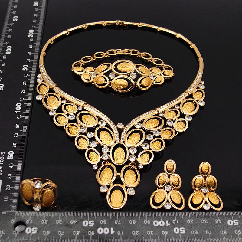 Zhuerrui New Romantic Bridal Jewelry Set Luxurious Exquisite 24K Gold Plated African Noble Wedding Necklace Ring Set of Four
