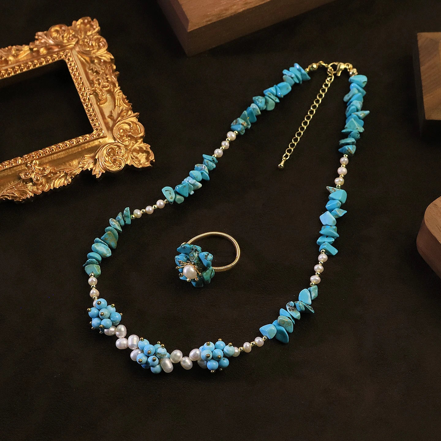 GLSEEVO Natural Pearl & Turquoise Dainty Beaded Necklace & Flower Ring Jewellery Set — Bohemian Style