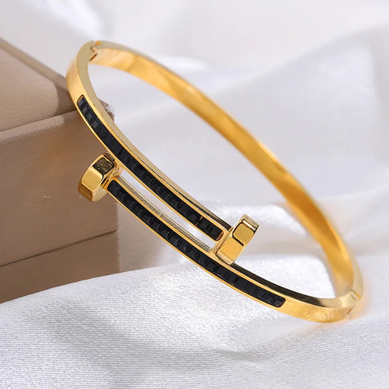 REBEL Stainless Inoxydable Stainless Steel 18K Gold Plated Roman Women Fashion Jewelry Bracelets Bangles