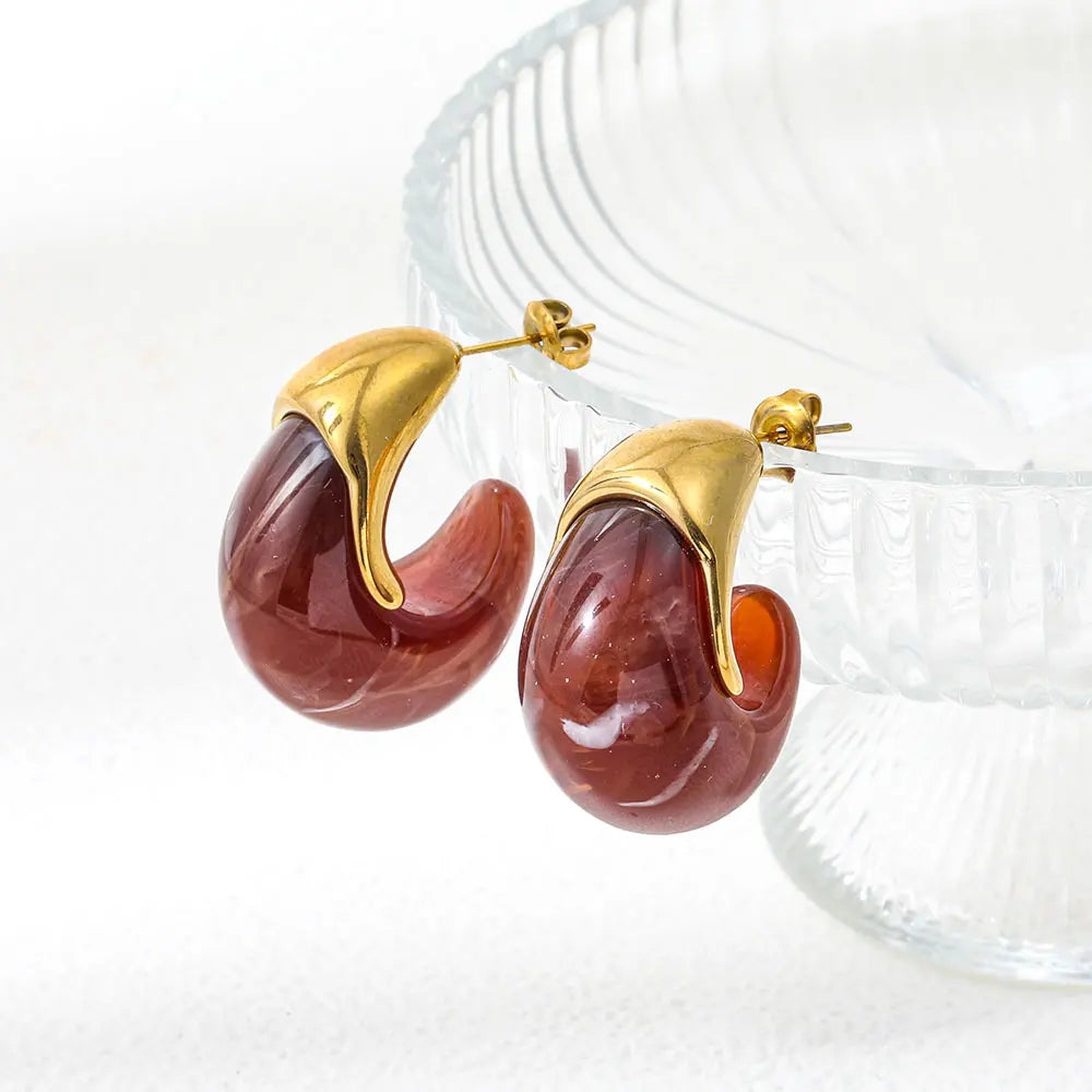 Joolim PVD Plated Wholesale Waterproof Chunky Vintage Marble Pattern Resin Pear C Shape Hoop Earring Stainless Steel Jewelry