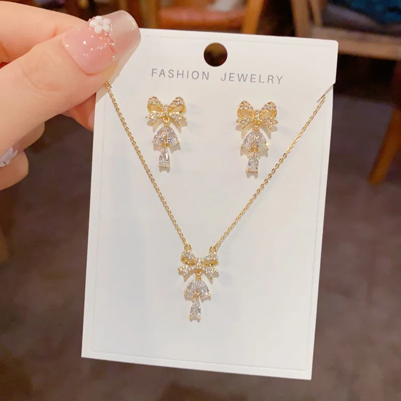 Luxurious Fashion Bow Knot Necklace and Earrings Set with Zircon Classic Real Gold Plated Jewelry Set for Women