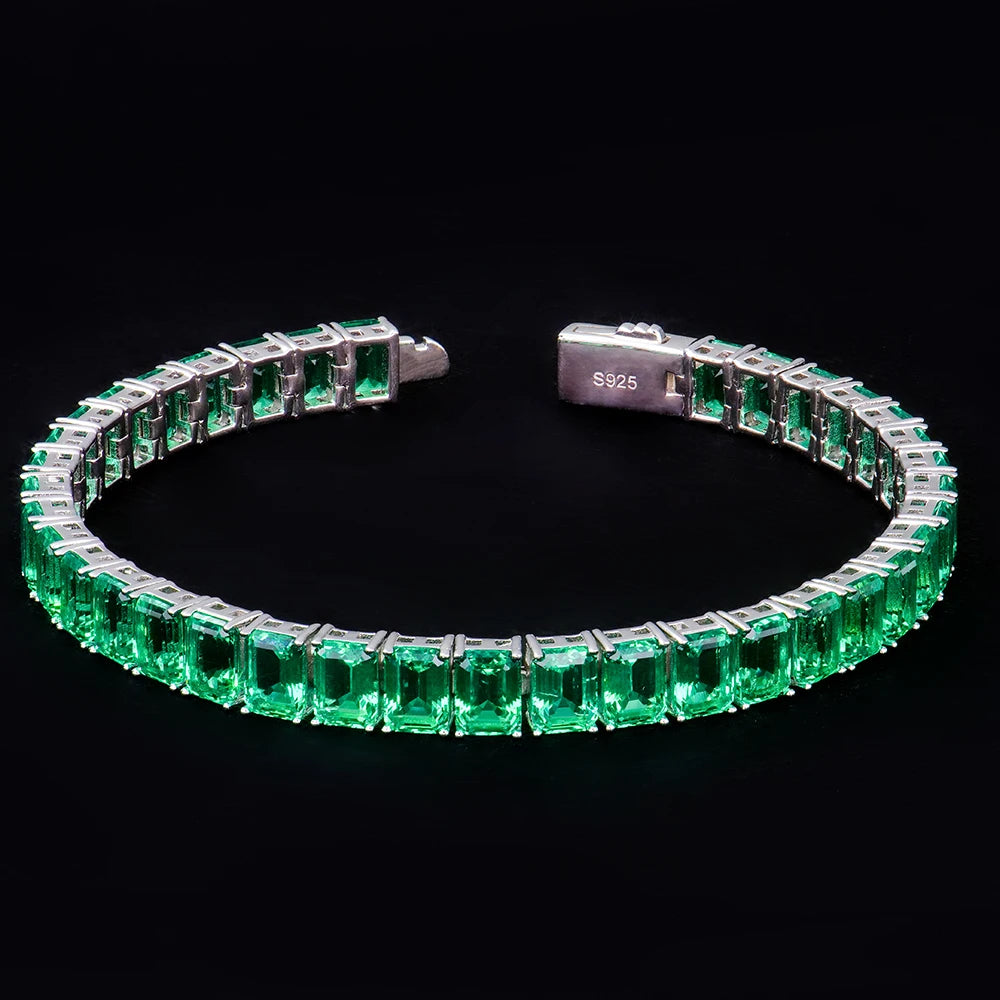 Custom 925 Sterling Silver 5x7mm Cluster Lab Grown Emerald Green Gemstone Columbian Unisex Tennis Link Chain Bracelet