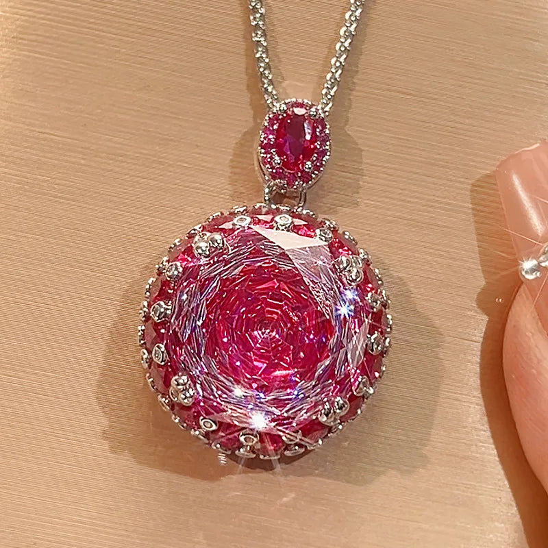 REDheart Fashion Copper Inlaid Zircon Opening Ring Rose Red Zircon 18K Gold Plated Flower Design Light Luxury Women's Pendant Jewelry Set