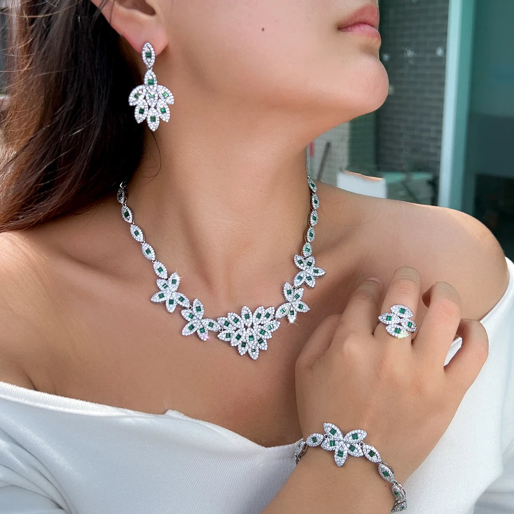 Elegant 4pcs Leaf Shape Cubic Zirconia Stone Bridal Luxury Green Jewelry Set for Women Party Engagement Dress Accessories
