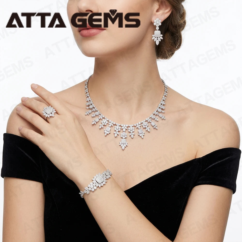 ATTA Luxury 925 Silver Jewelry Set High Density Setting D Color Moissanite Necklace Earrings Ring Bracelet Bridal Set Wholesale