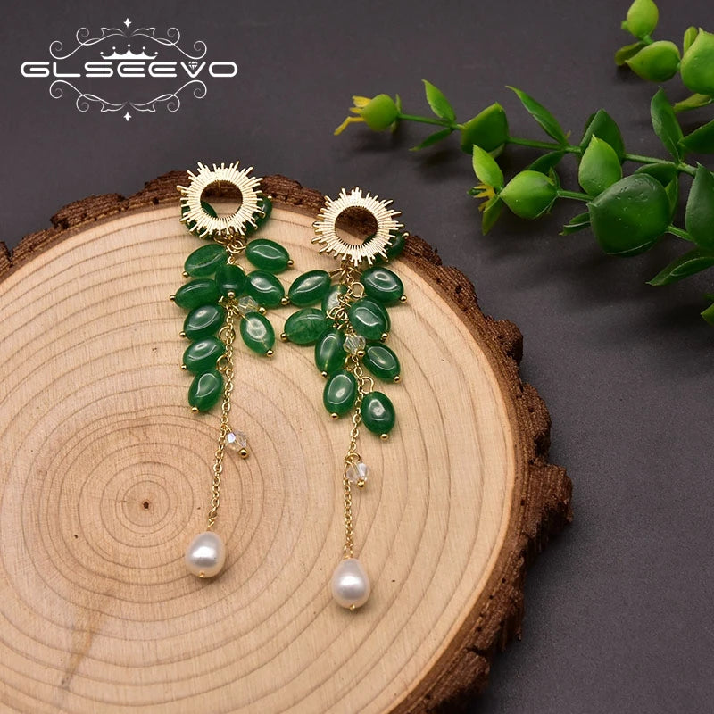 Natural Freshwater Pearl Long Drop Earrings Green Jade Stud Earrings for Women Vintage Designer Luxury Jewelry Accessories