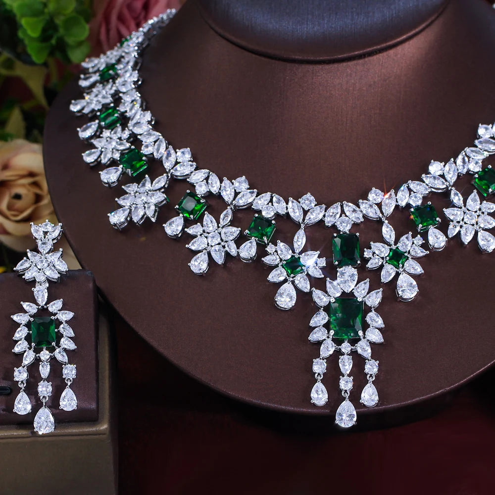 Luxury Dangle Tassel Drop Cubic Zirconia Green Wedding Decor Party Big Necklace Bridal Jewelry Sets for Women
