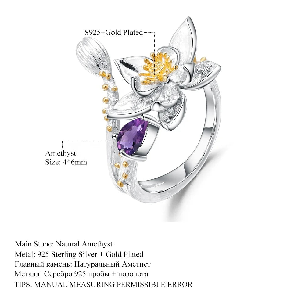 ArtistA Handmade 925 Silver Gold Plated Natural Amethyst Gemstone Matching Lotus-Flower Open Adjustable Ring & Long Dangle Earrings Set
