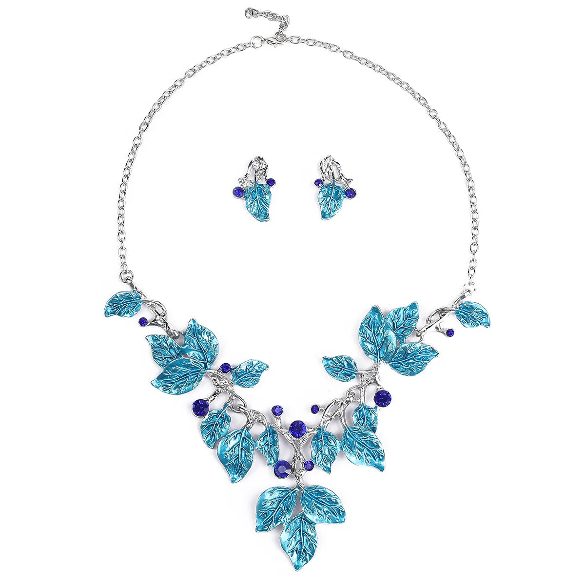 Painted Enamel Leaf Crystal Necklace & Earrings Jewellery Set | Colourful Botanical Fashion Set