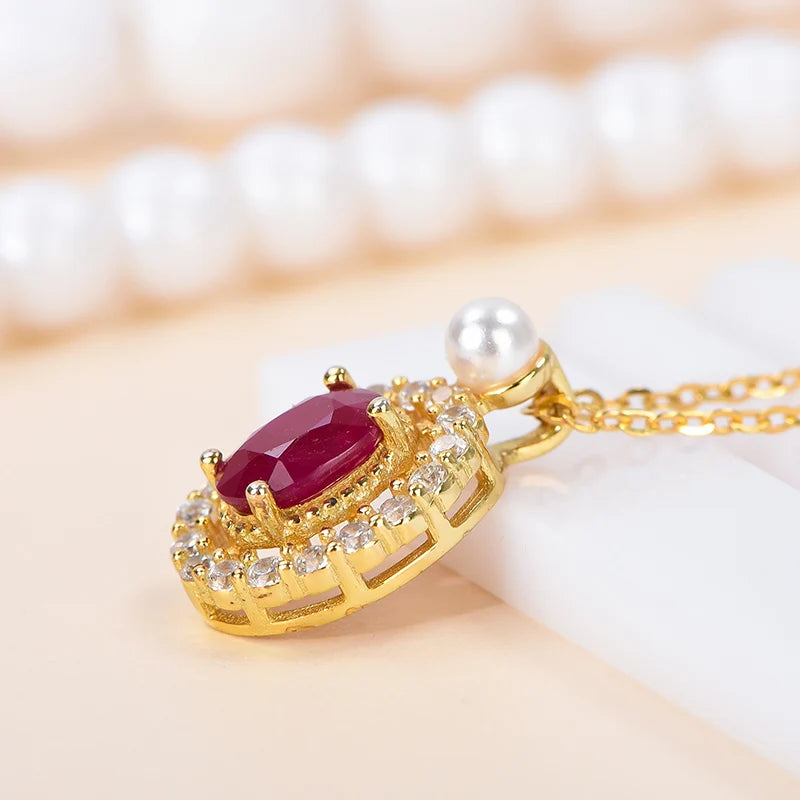 Gioiellieri Oval Shape Natural Ruby Solitaire Pendant 925 Sterling Silver Gold Plated Luxury Chain Necklace Gift Jewelry