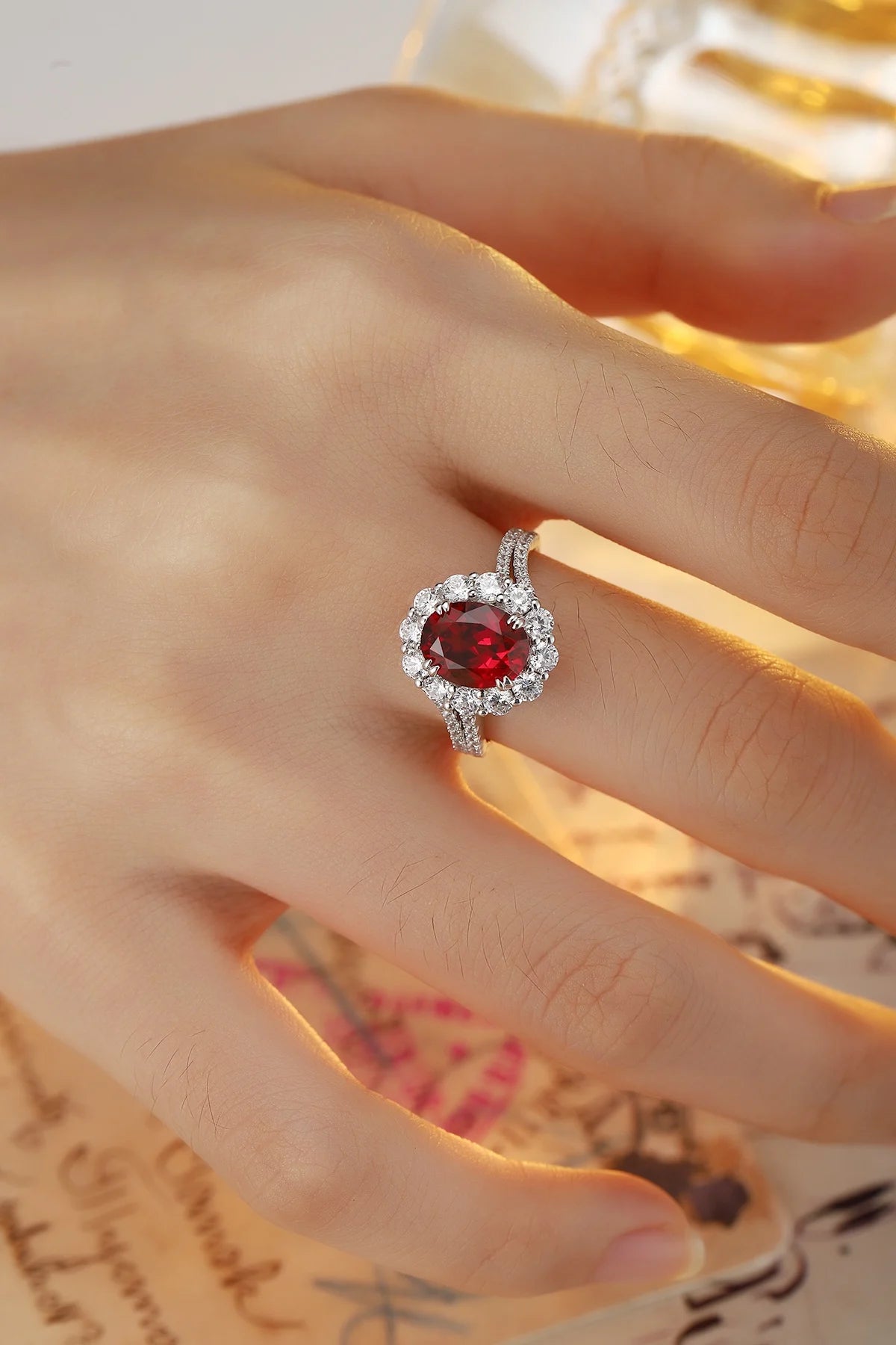 Gemfiori New Trendy Vintage Luxury Lab Grown Ruby Rings for Women Rhodium Plated Sterling Silver 925 Wedding & Anniversary Custom
