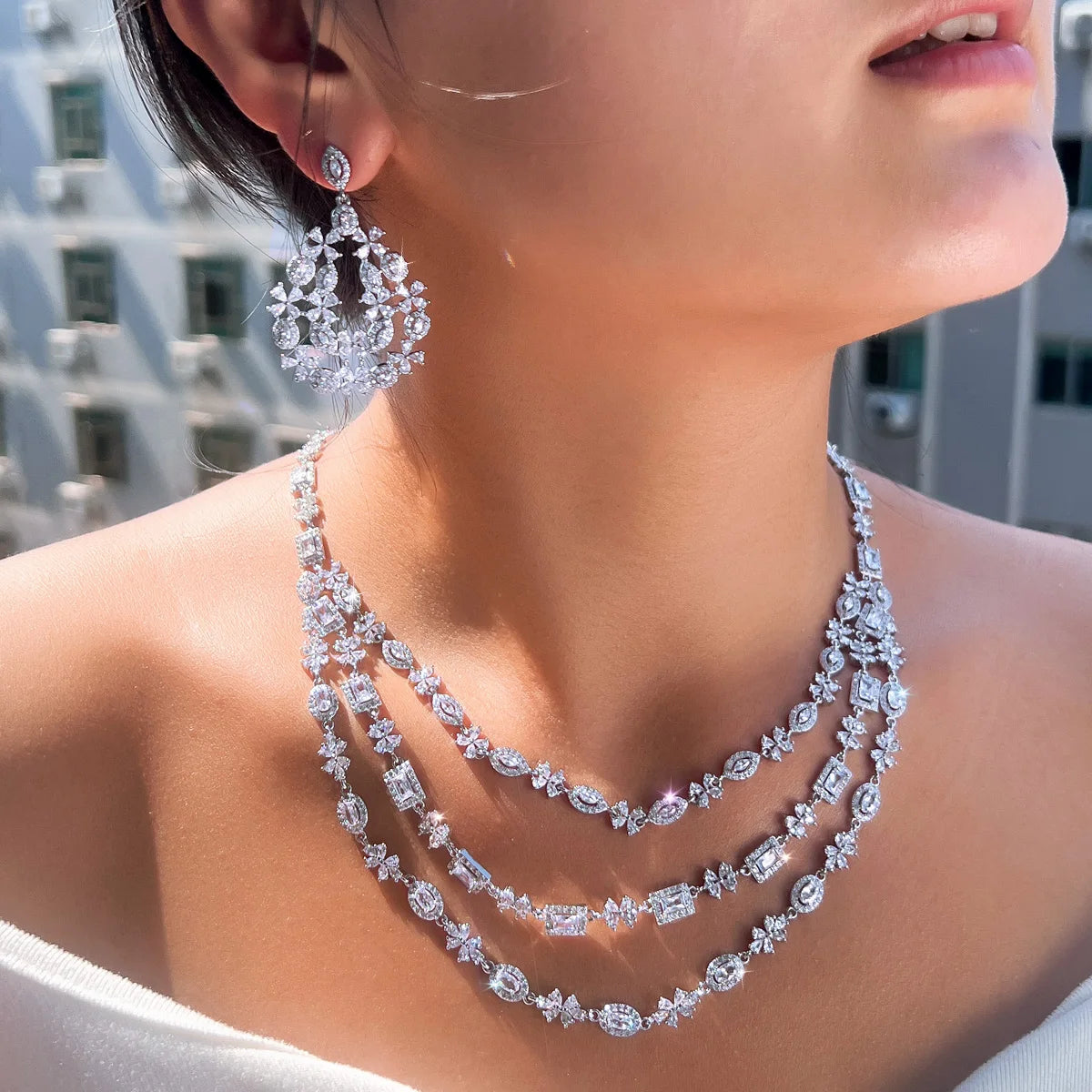 Shiny Cubic Zircon Dubai 3 Layered Wedding Necklace and Earrings Bridal Big Jewelry Sets for Women Luxury Jewellery