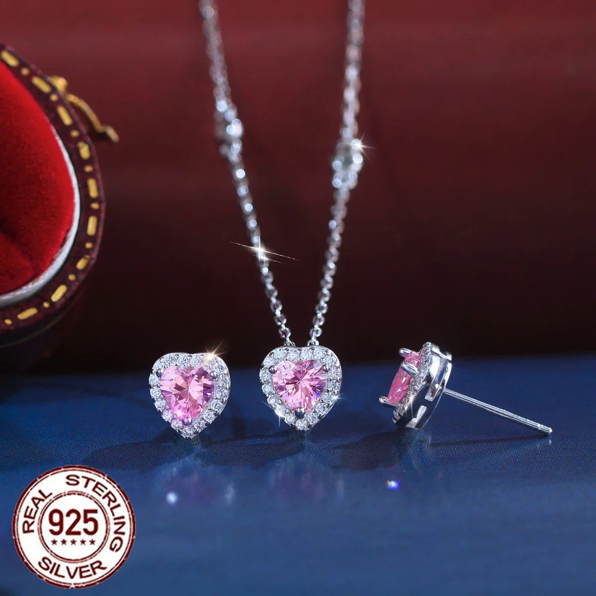 925 Sterling Silver Rhodium Plated CZ Pendant Necklace & Earrings Set with Pink Heart Cut for Women-Wedding Engagement Gift