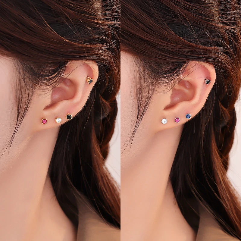 Trendy 925 Sterling Silver Stud Earring Bezel Claw Round White/Red/Blue/Black Colorful 5A CZ Earrings Gift for Women Mom