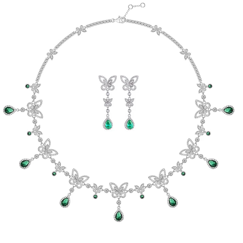 Brass Plated Gold Inlaid Zircon Colorful butterfly Necklace Earrings Bracelet Women's Banquet High-end Suit