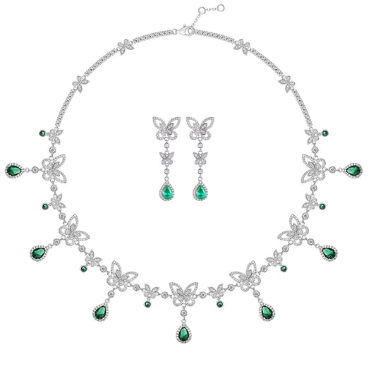 Brass Plated Gold Inlaid Zircon Colorful butterfly Necklace Earrings Bracelet Women's Banquet High-end Suit