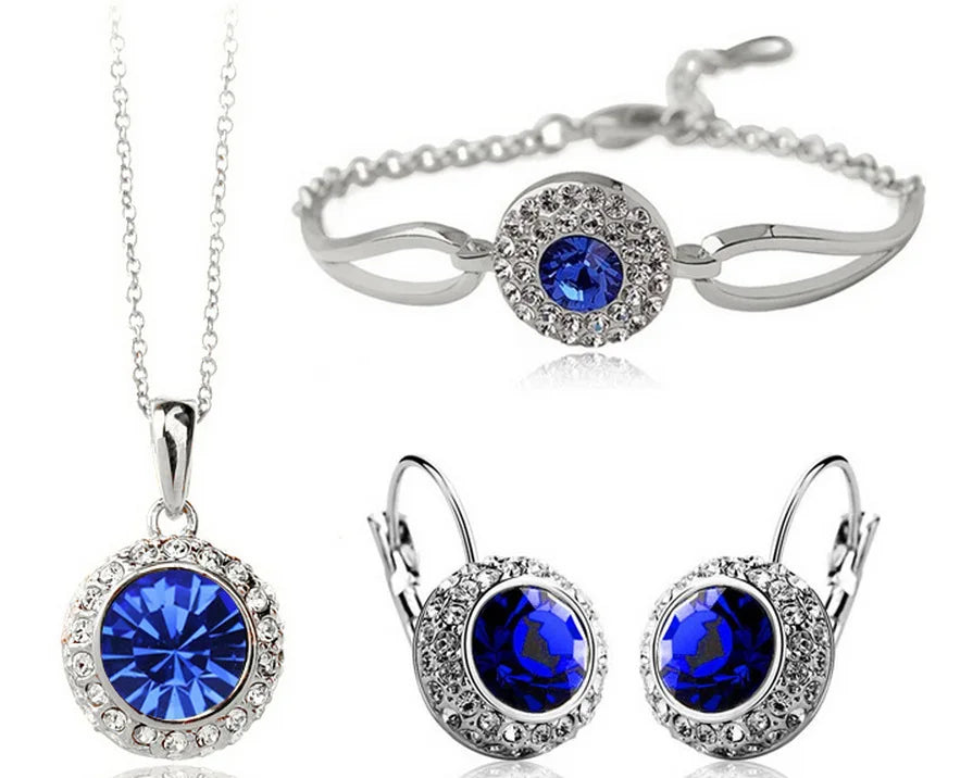 2026 Trendy Gem Stones Earrings/Bracelet/Necklace Big Statement Blue Enamel Vintage Style Gold Plated Jewelry Set for Women