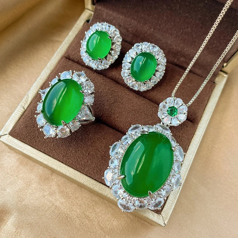 Gemfiori Luxury Pigeon Blood Ruby Jewelry Set Cabochon Cut Red Gem Halo Pendant Necklaces Earrings Rings Timeless Elegant Emerald Wedding