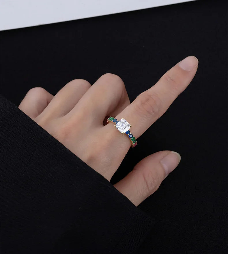 SILVERELLI High Carbon Diamond Ring with Coloured Row Diamond 925 Sterling Silver