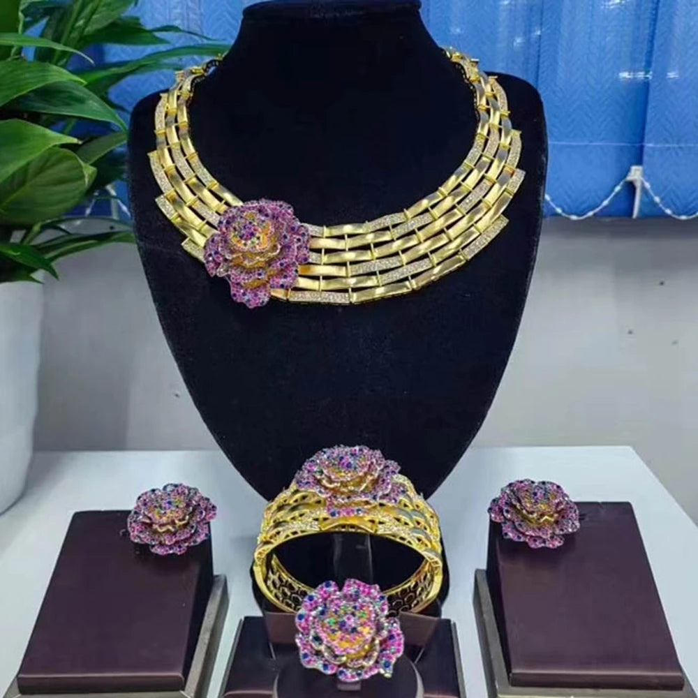 Zhuerrui Luxury Cubic Zirconia Jewelry Set American Diamond Flowers Jewelry Sets Necklace Bracelet Earrings Ring Jewellery Sets