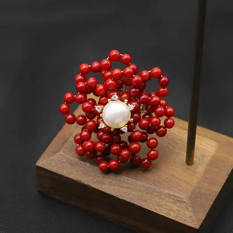 Red Coral Natural Pearls Fashion Accessories Set Fine Woman Ring Earrings Necklace Luxury Customized Jewelry Wedding