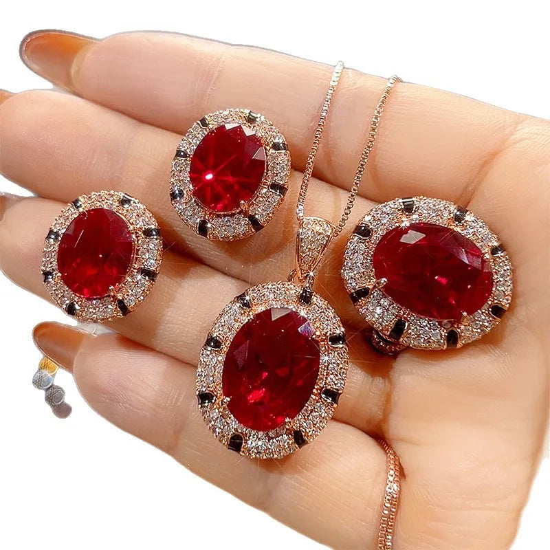 High Quality Eco-friendly Copper Gold Plated Oval Cut 12*16mm Red Zircon Women 3 Piece Jewelry Set for Versatile Daily tu