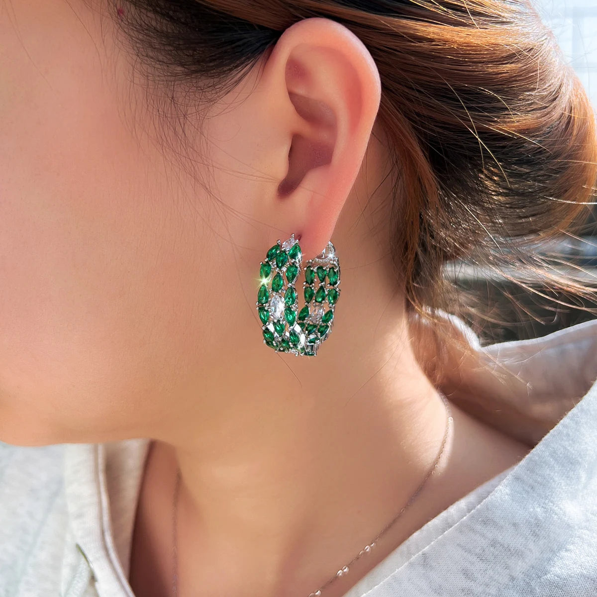 S&S Green Water Drop Pear-Cut CZ Hoop Earrings – Rhodium Silver Plated – Collection
