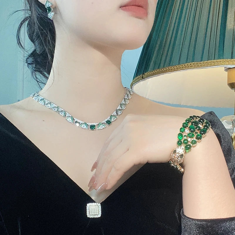 High-grade Jewelry Manufacturer Green High-end Dress Suit Brass Plated Women's Clavicle Chain Dinner Set Earrings Jewelry