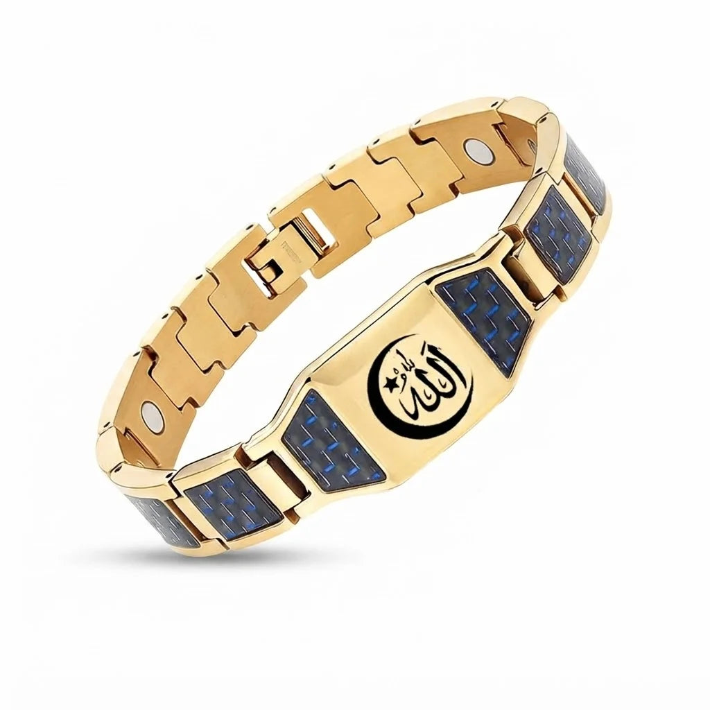 REBEL Black Stainless Steel Magnetic Therapy Link Bracelet with Carbon Fiber Inlay and Masonic Square & Compass Engraved Plate for Men