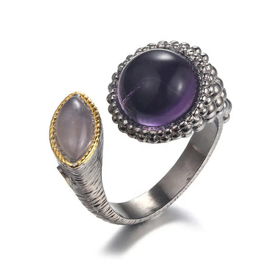 Handmade 925 Sterling Silver Amethyst Jewelry Adjust Ring