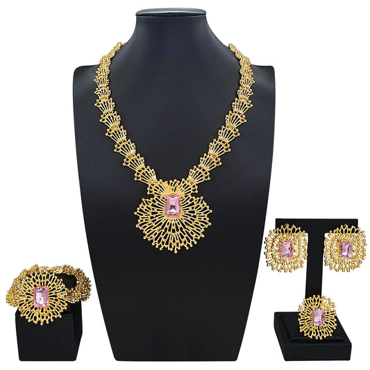 Zhuerrui Vintage Sunflower Gold Plated Jewelry Set Emerald Pink Stone Women Necklace Earrings Bracelet Ring for Banquet I0088