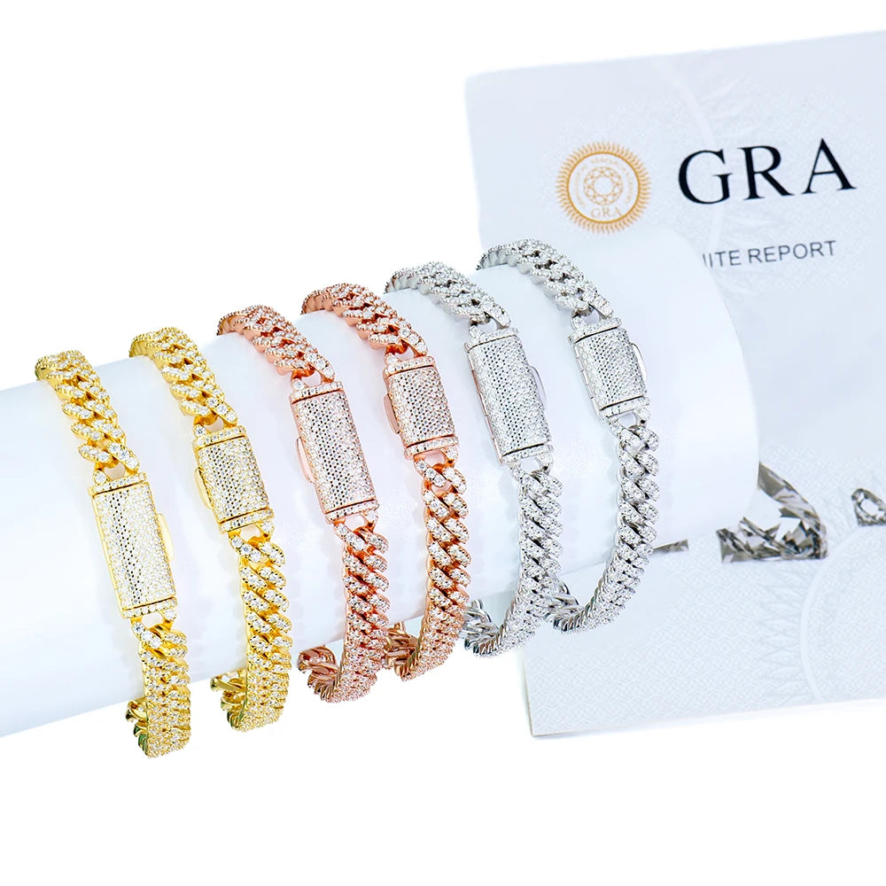 Gemfiori Mens Cuban Link Chain Bracelet 6mm Width S925 Silver Plated White /Yellow /Rose Gold Plated, Iced Out with Moissanite Stone EV