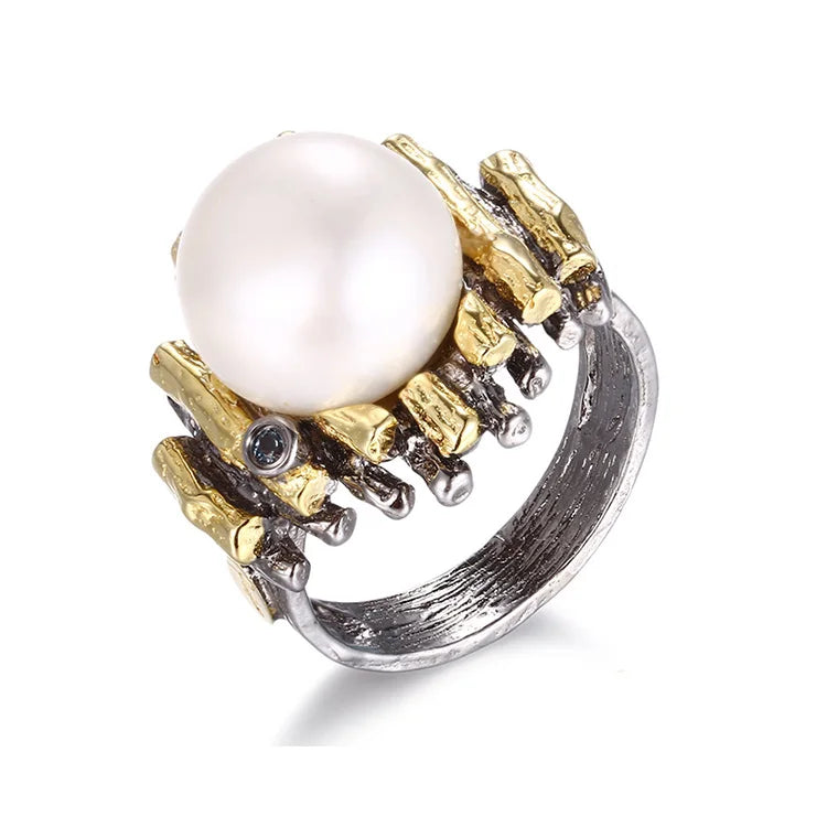 Unique 925 Sterling Silver Pearl Rhodium Jewelry Ring