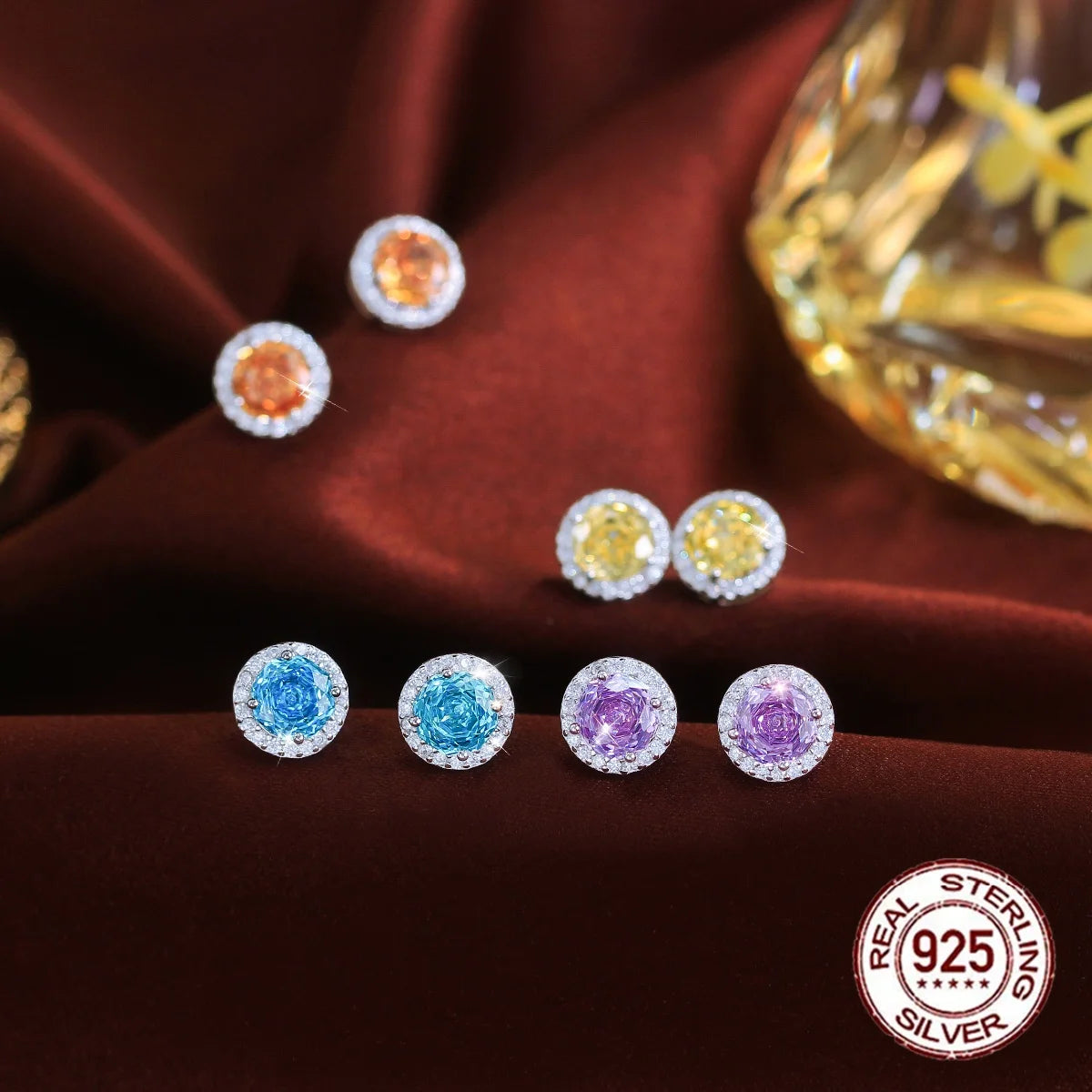 S&S 925 Sterling Silver 8mm Rose-Cut CZ Stud Earrings – 4 Colours – Collection