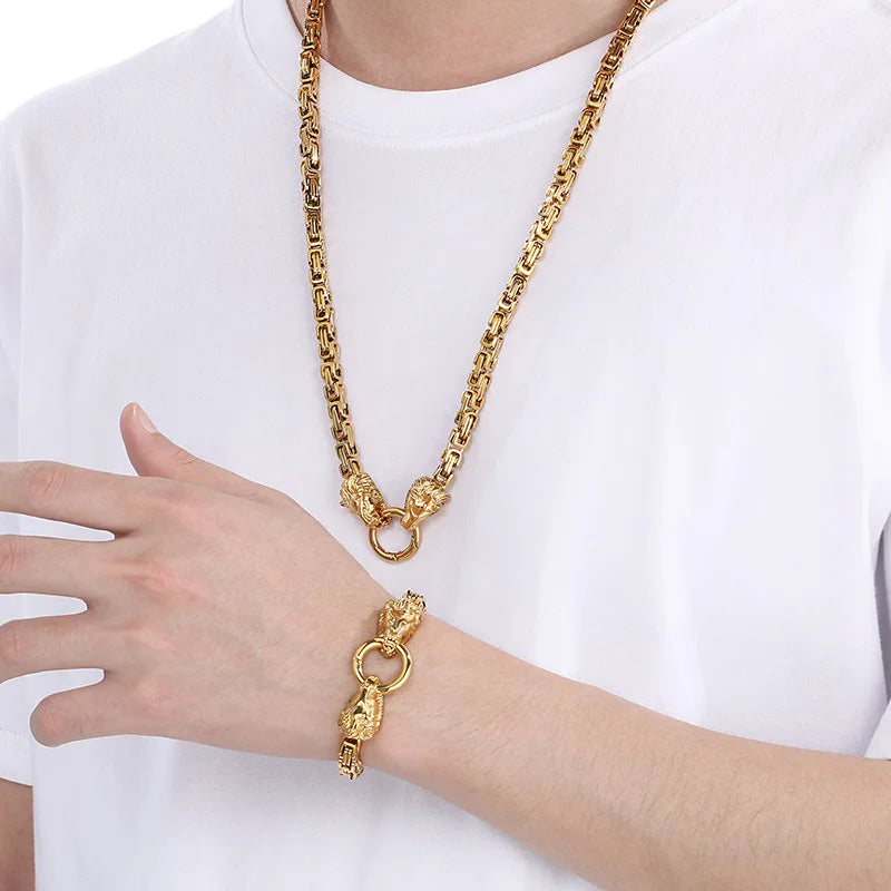 REBEL CY Hip-Hop Style Bold Lion Head Stainless Steel Bracelet Trendy Versatile Men's Imperial Chain Necklace Set Jewelry