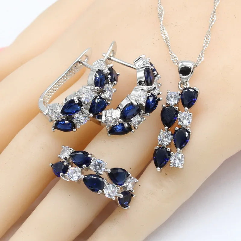 XOTICA Dark Blue Sapphire 925 Silver Jewelry Set for Women Hoop Earrings Bracelet Rings Necklace Pendant for Parties Weddings Birthday
