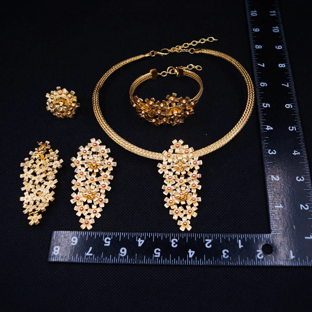 Brazilian Flowers Jewelry Sets Gold Rose Italian Jewelry Set Wedding Party Brass Necklace Bracelet Earrings Ring Jewelry