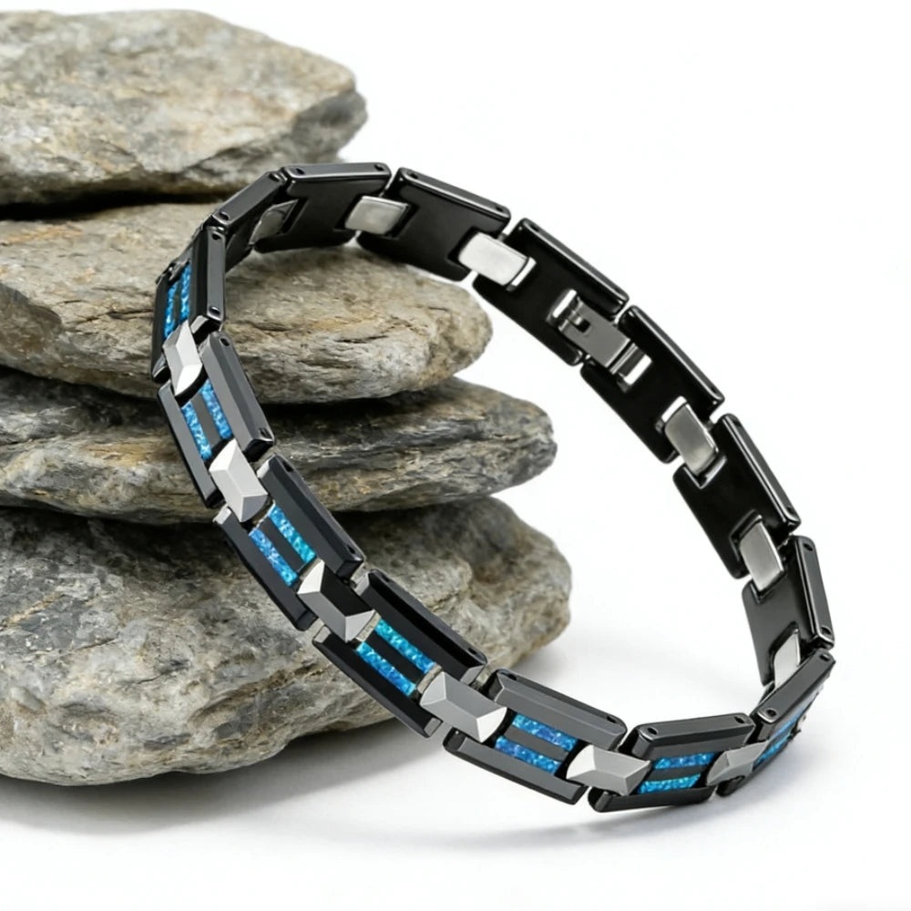 Luxury Hypoallergenic Black Ceramic Natural Blue Opal Bracelets for Men and Women Charm Bangles Tungsten Carbide Jewelry