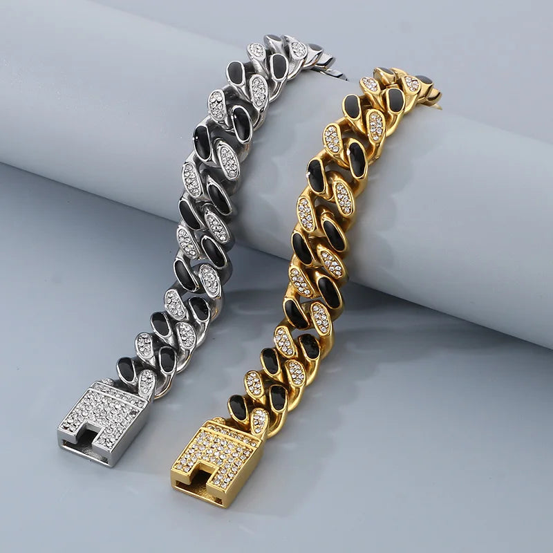 REBEL Unisex Hip-hop 205mm Stainless Steel&Rhinestones Cuban Links Bracelet